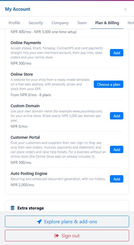 The Online Store row with the Choose a plan button