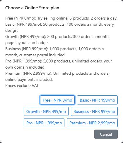 The window listing the six Online Store plans