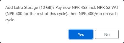 The price confirmation for extra storage