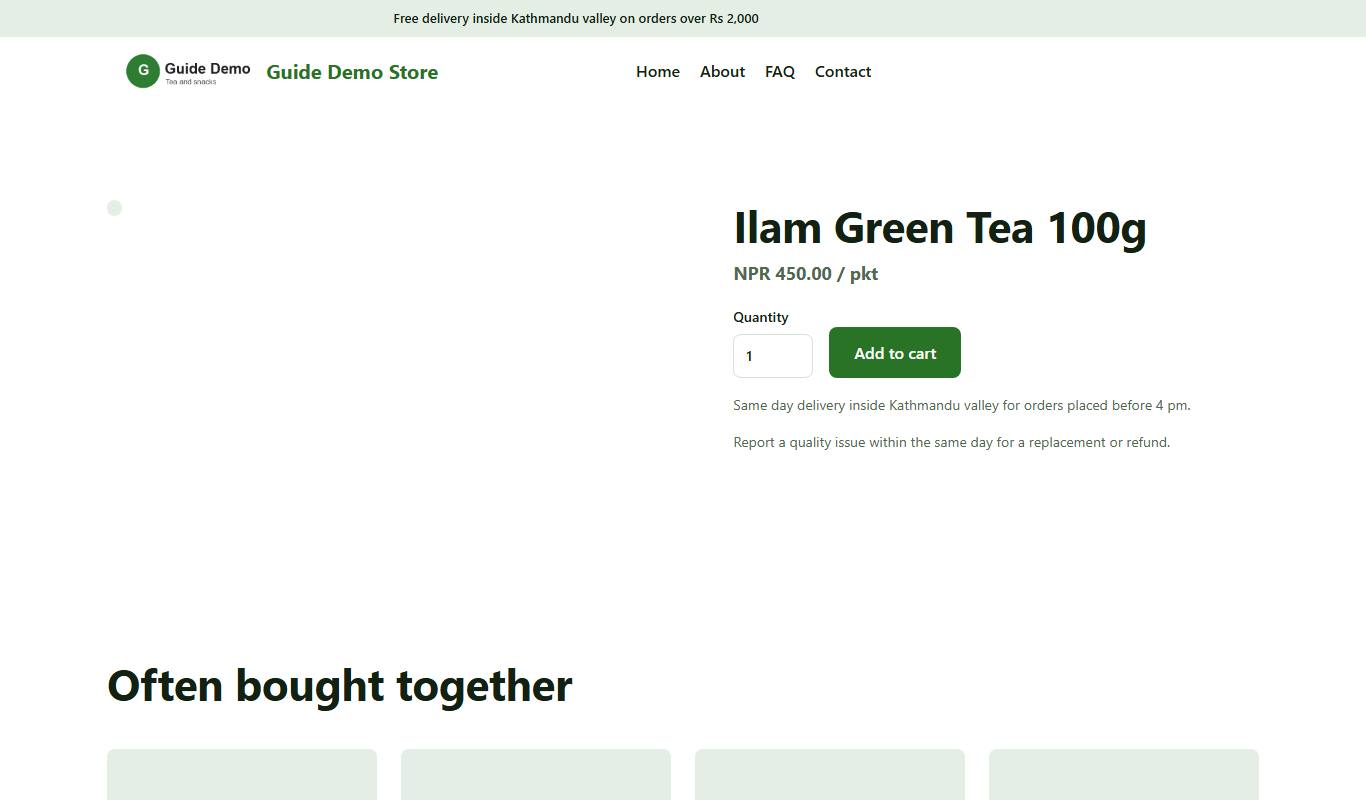 A product page with Quantity and Add to cart