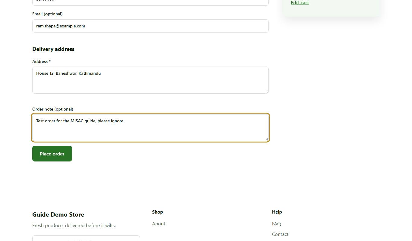 The checkout form filled in by a buyer