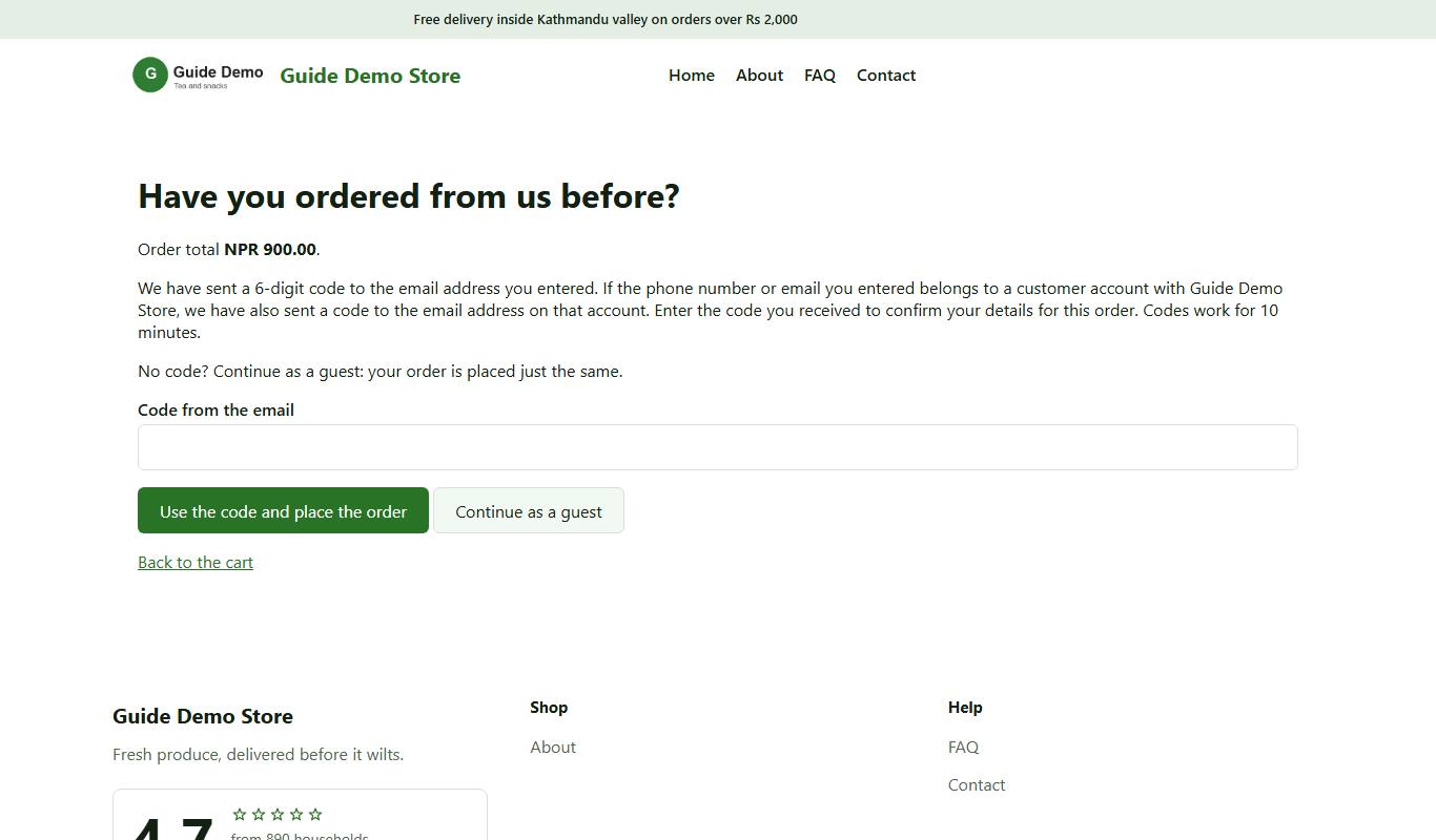 The page asking for the 6-digit code, with Continue as a guest