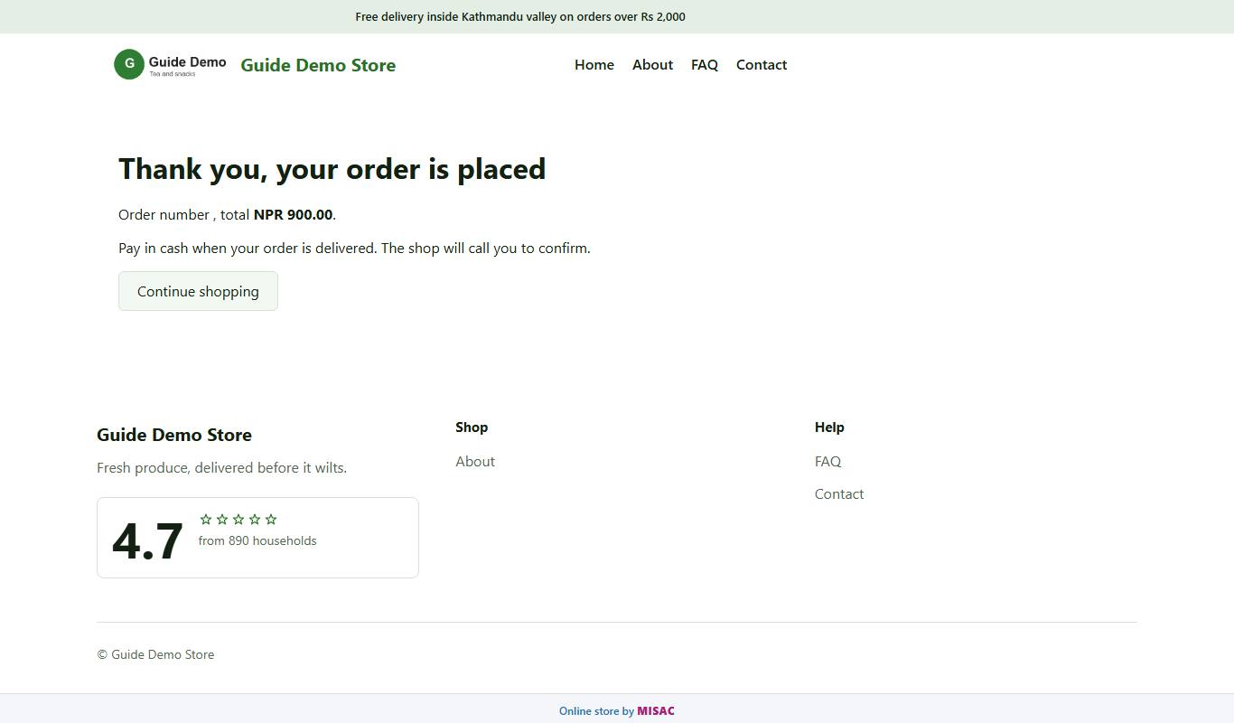 The order confirmation page