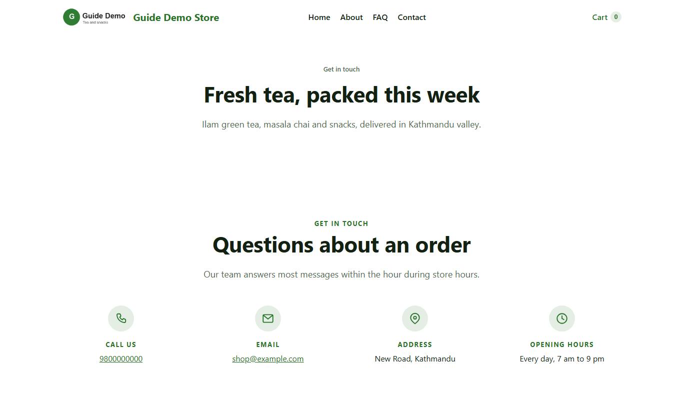 The top of the Contact page of the free Fresh Market design: phone, email and address