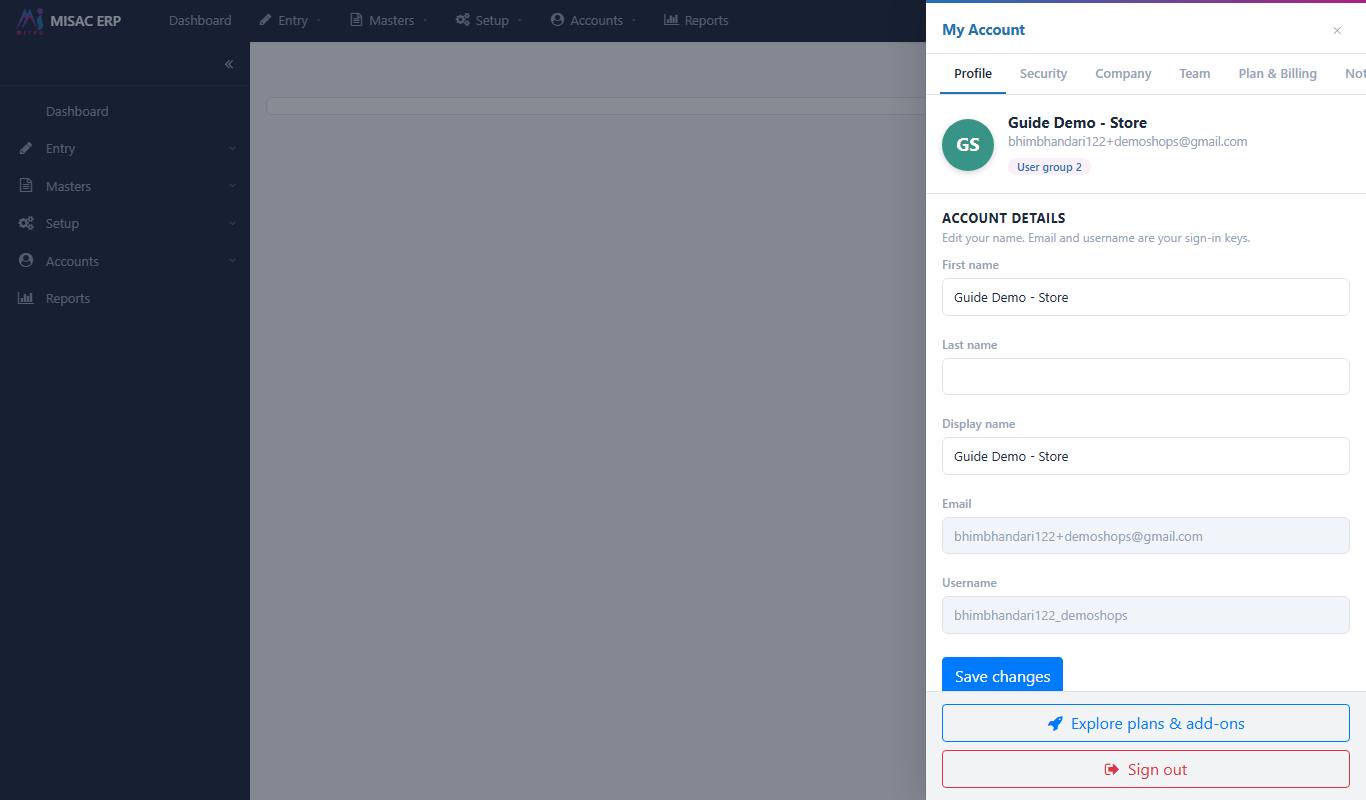 The Profile tab with the name fields and the greyed-out email and username