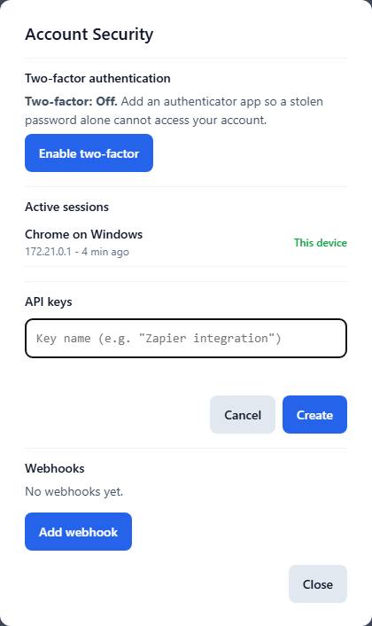 The API key name box with Create and Cancel buttons