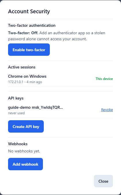 The API key listed with its name, the start of the key and a Revoke button