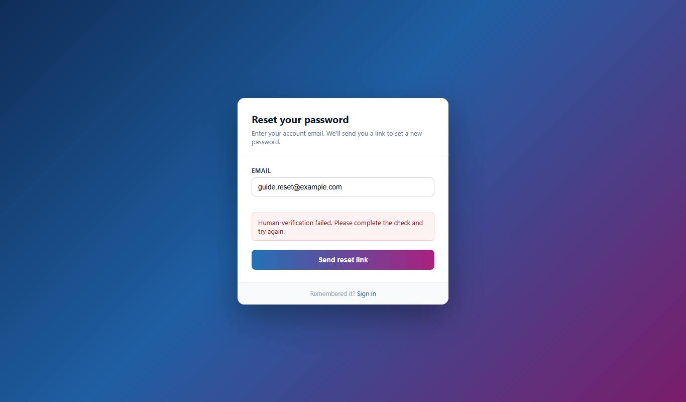 The Human-verification failed message on the reset page