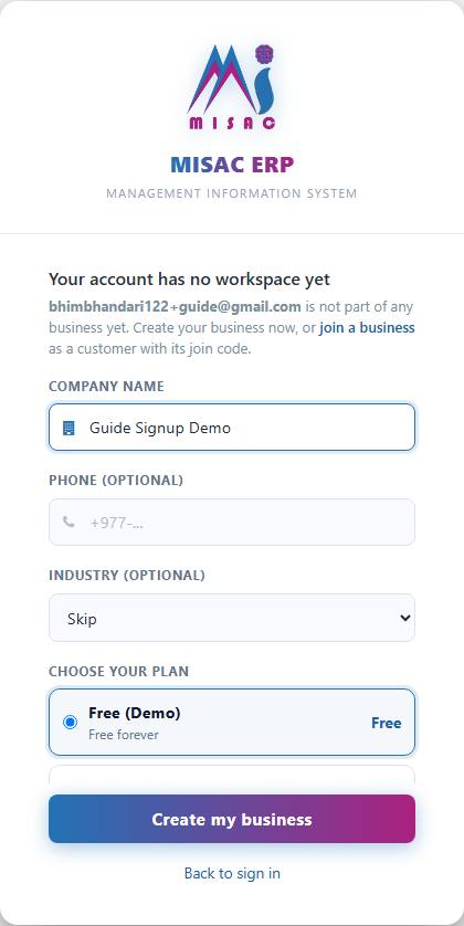 The Your account has no workspace yet form, with the company name typed