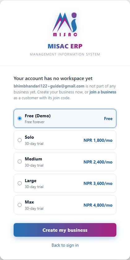 The plan choices: Free (Demo), Solo, Medium, Large and Max