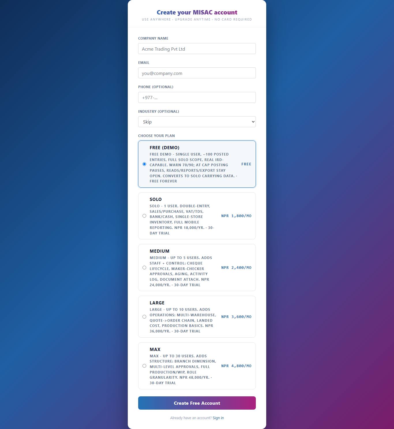 The one-page sign-up form with company name, email, phone, industry and plan