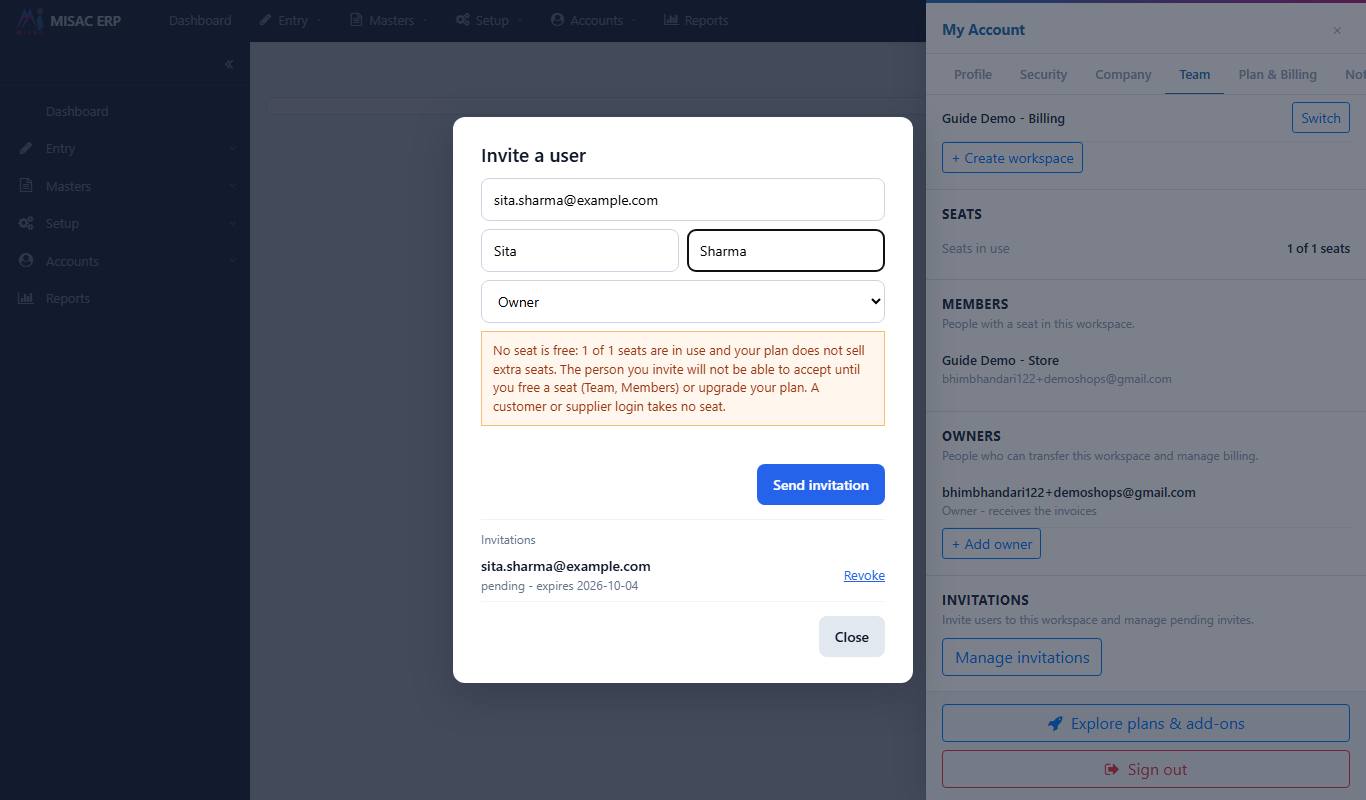 The invitation filled in with an email address, a name and a group