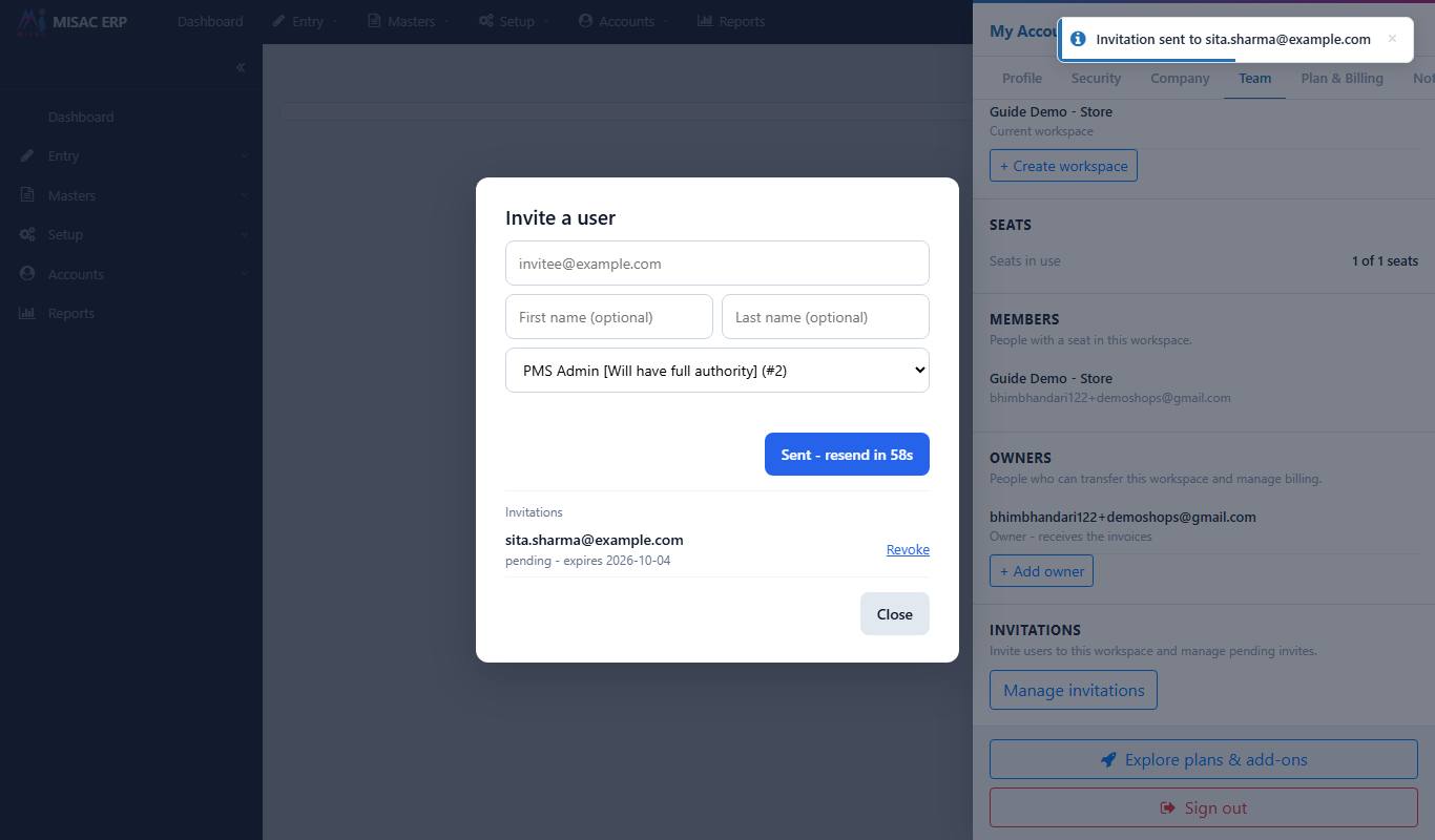 The invitation listed as pending, with its expiry date and a Revoke button