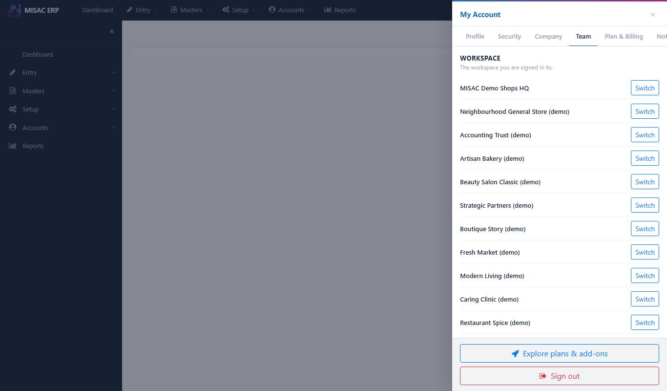 The Team tab of My Account with the Workspace list